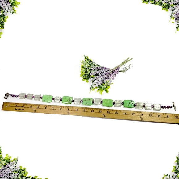 Vintage LEMON CHRYSOPRASE Necklace Green Purple with Clear Glass Beads 22” - Picture 4 of 7